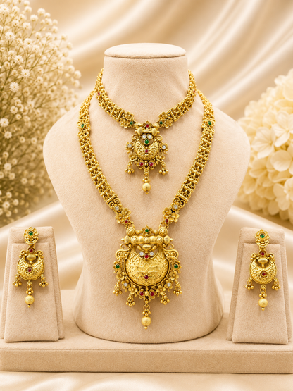 Antique Gold Chandbali Pendant Bridal Double Necklace Set with Drop Earrings NS00024