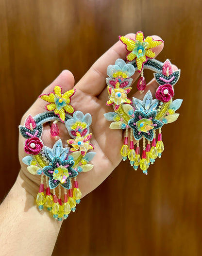 Multicolour Floral Beaded Statement Earrings with Yellow Drops