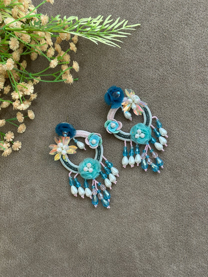 Blue & Aqua Handmade Beaded Floral Hoop Drop Earrings