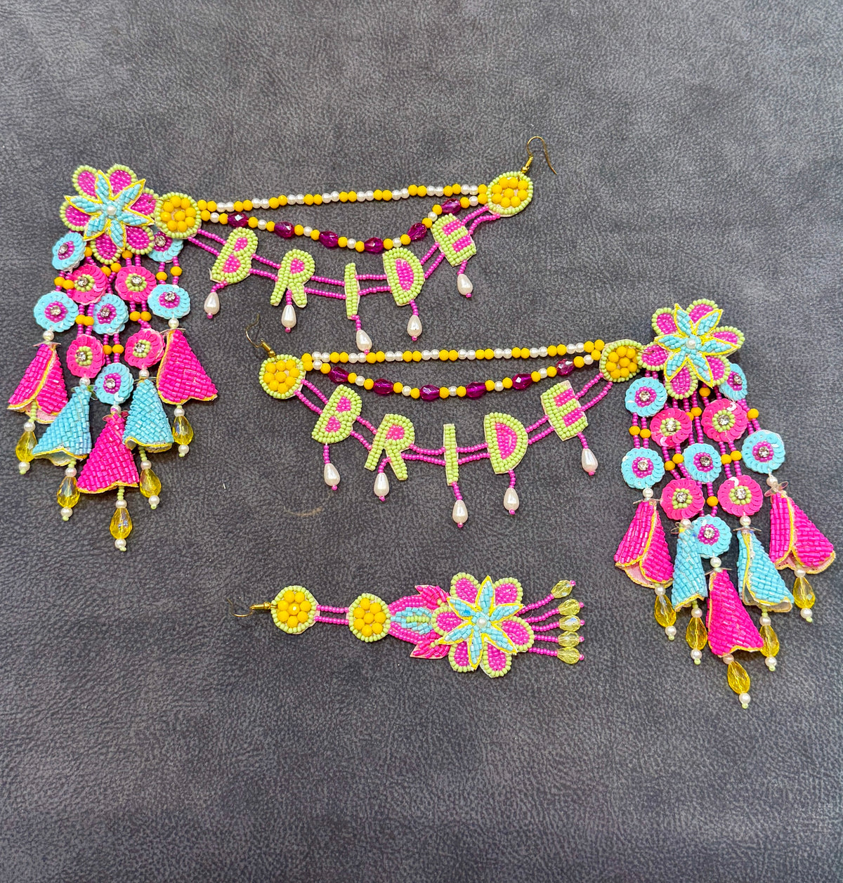 Pink & Sky Blue Floral Bride Haldi Mehendi Jewellery Set
