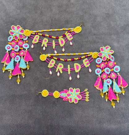 Pink & Sky Blue Floral Bride Haldi Mehendi Jewellery Set