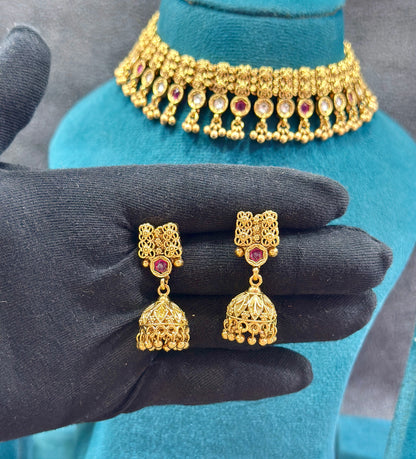Gold Filigree Choker Necklace Set with Kundan & Ruby Stones NS00017