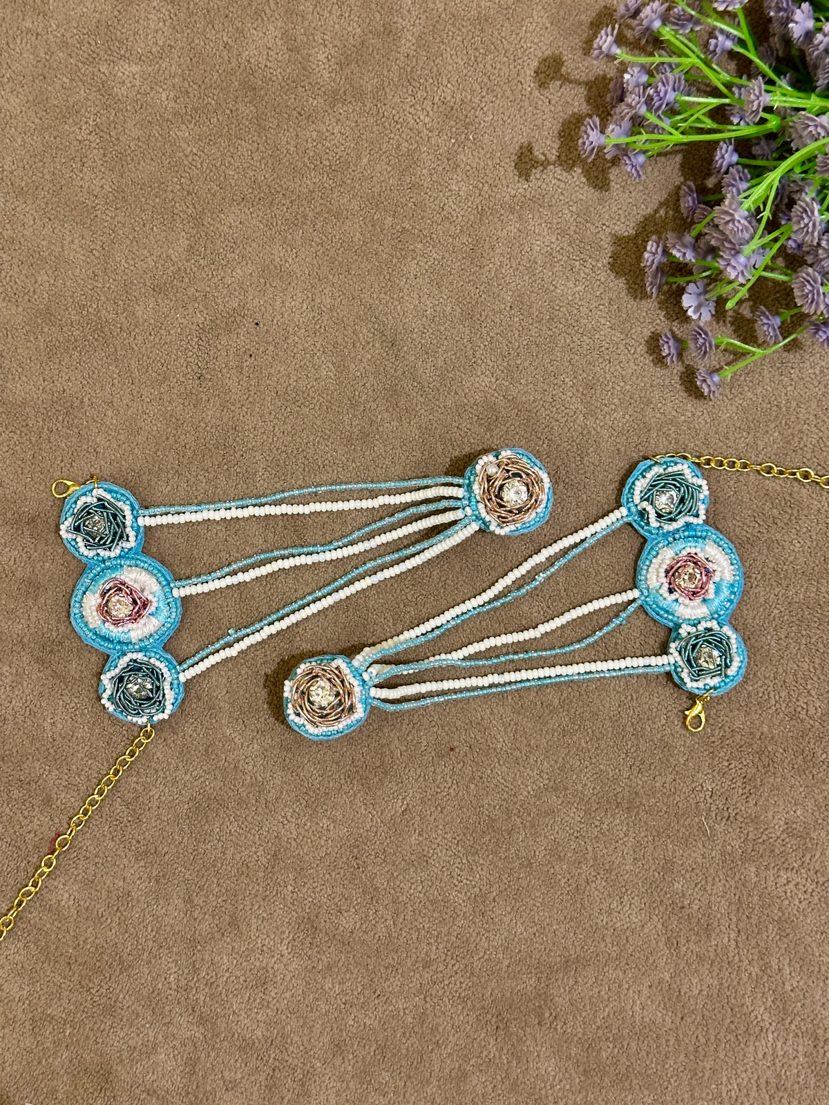 Sky Blue Beaded Haldi Jewellery Set – Necklace, Earrings, Tikka & Hathphool
