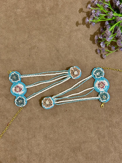 Sky Blue Beaded Haldi Jewellery Set – Necklace, Earrings, Tikka & Hathphool