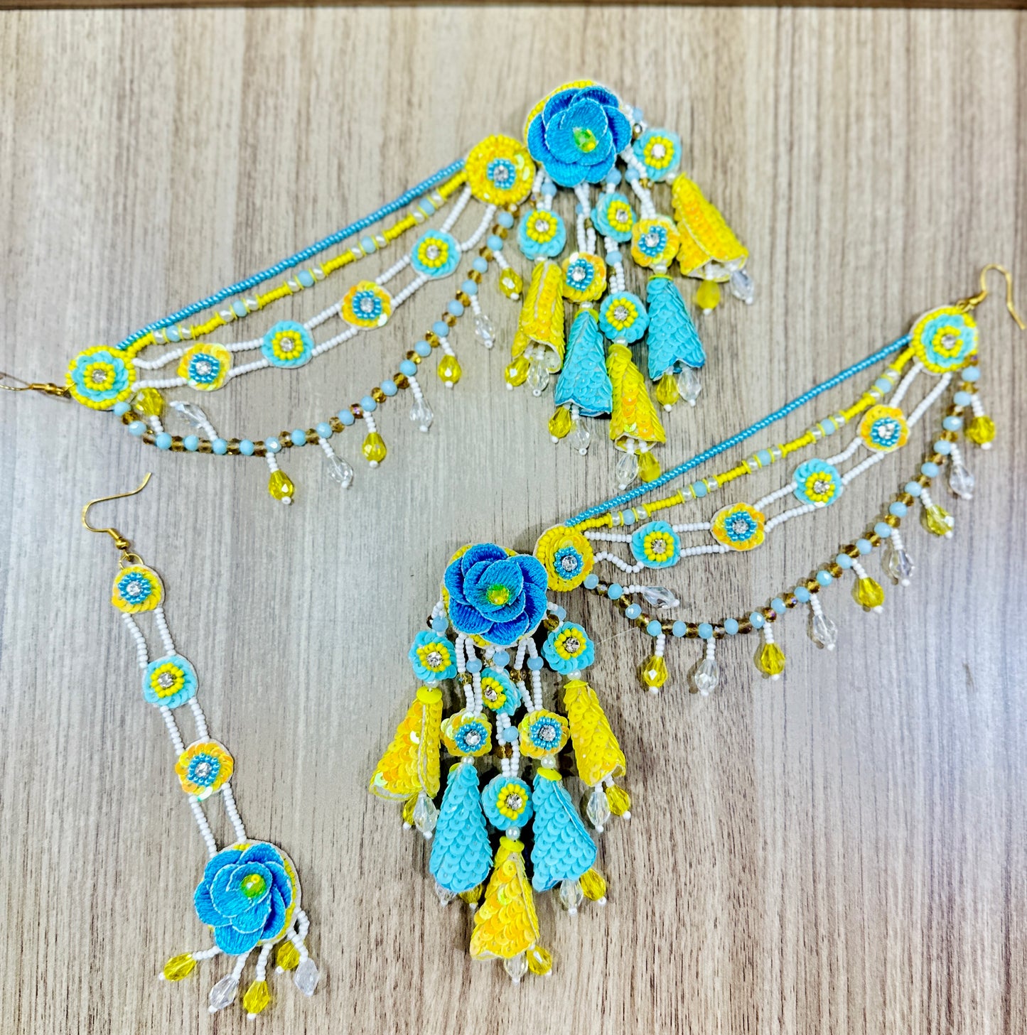 Beaded Handmade Jewellery Ferozi Yellow Earring Tikka Set