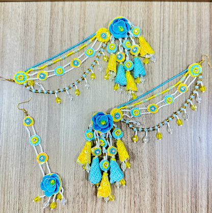 Beaded Handmade Jewellery Ferozi Yellow Earring Tikka Set