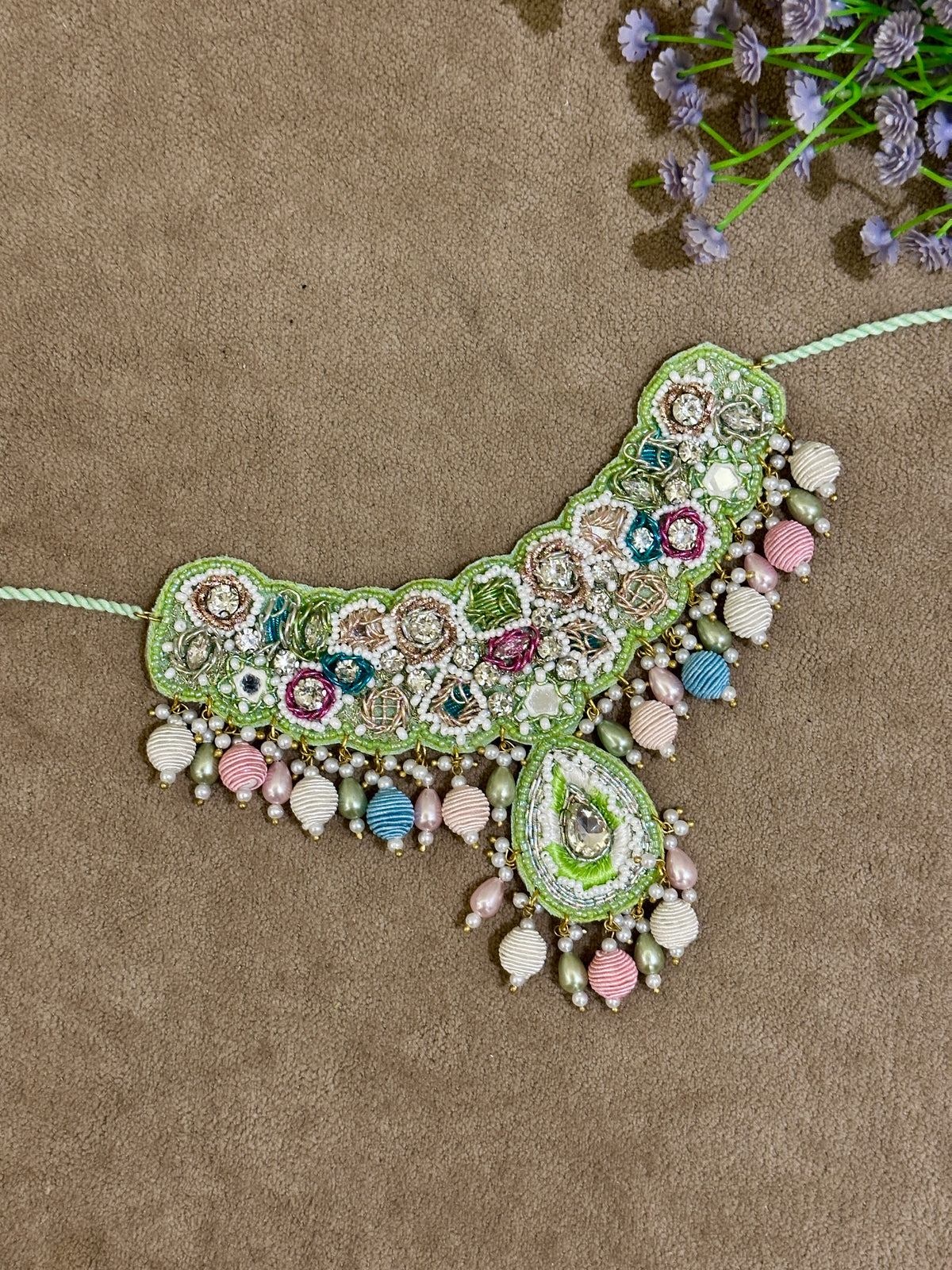 Mint Green Beaded Haldi Jewellery Set – Necklace, Earrings, Tikka & Hathphool