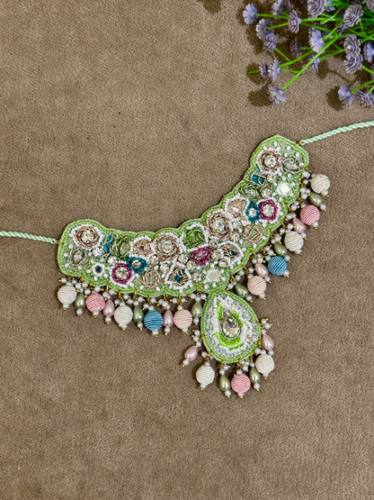 Mint Green Beaded Haldi Jewellery Set – Necklace, Earrings, Tikka & Hathphool