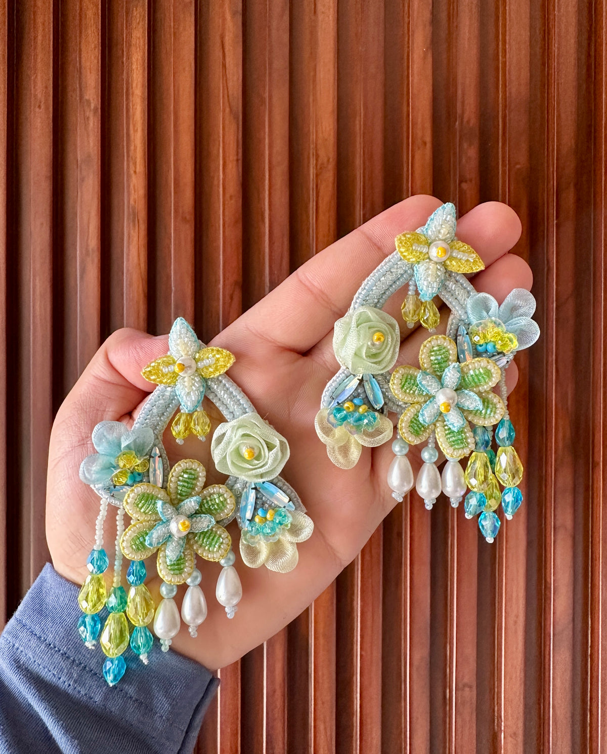 Mint & Yellow Handmade Beaded Floral Drop Earrings
