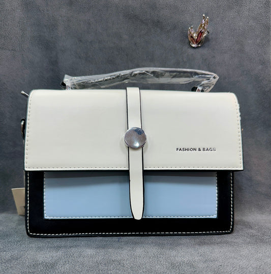 White, Sky Blue & Black Tri-Colour Structured Crossbody Bag HB009