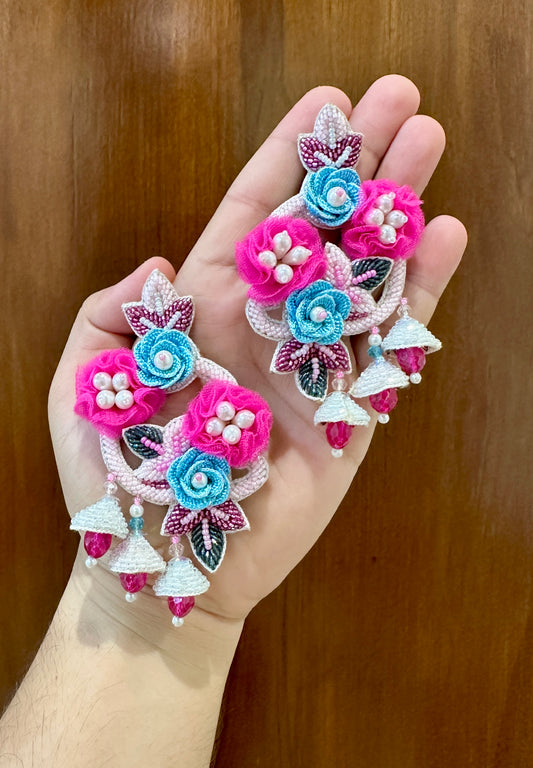 Pink & Turquoise Handmade Floral Beaded Jhumka Earrings