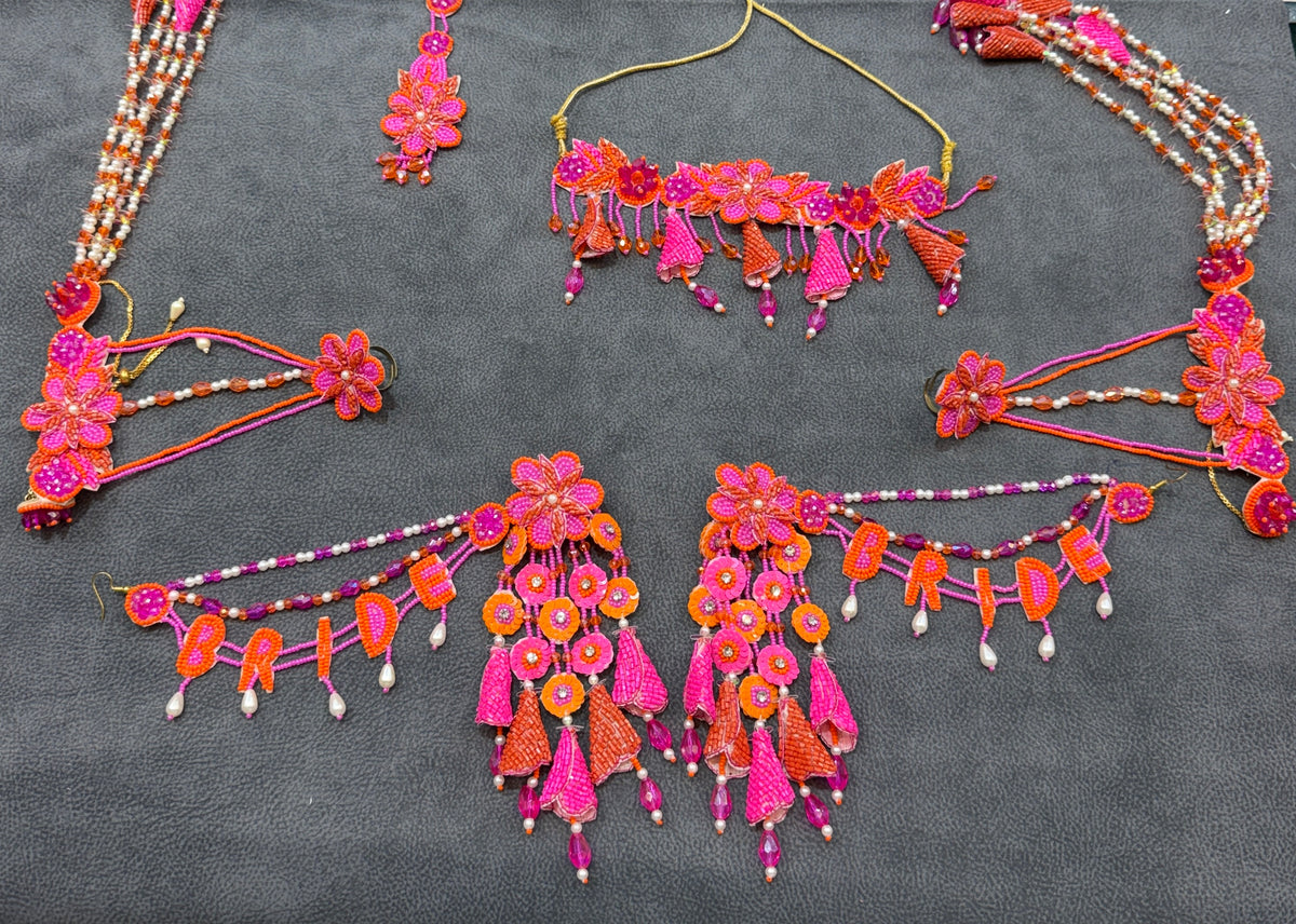 Hot Pink & Orange Floral Bride Haldi Mehendi Jewellery Set