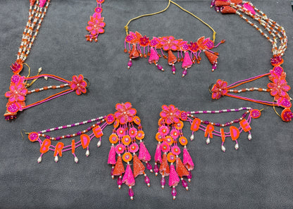 Hot Pink & Orange Floral Bride Haldi Mehendi Jewellery Set