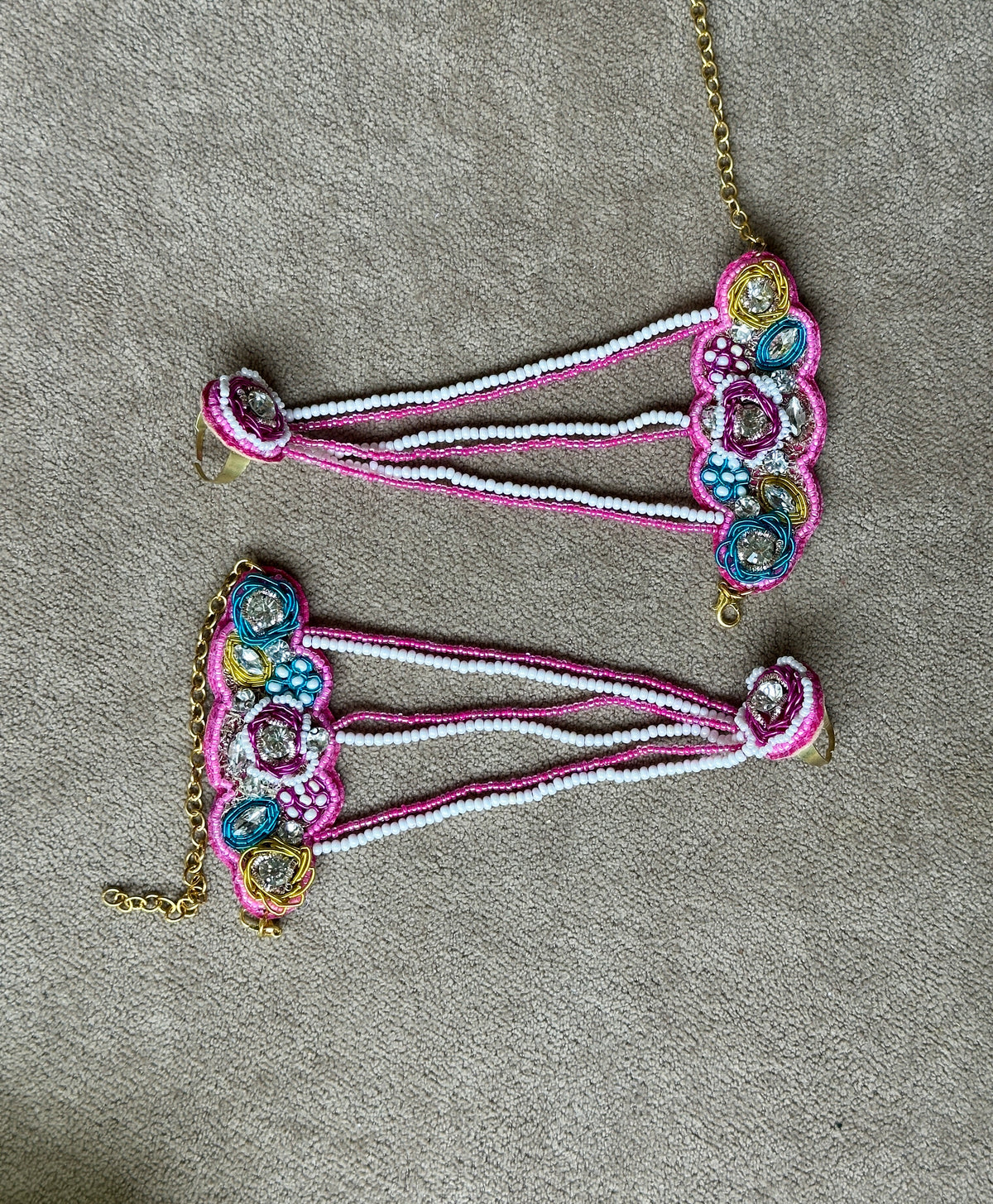 Fuchsia Pink Beaded Bridal Jewellery Set – Necklace, Earrings, Tikka & Hathphool