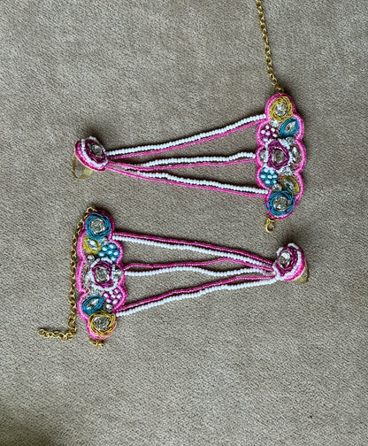 Fuchsia Pink Beaded Bridal Jewellery Set – Necklace, Earrings, Tikka & Hathphool