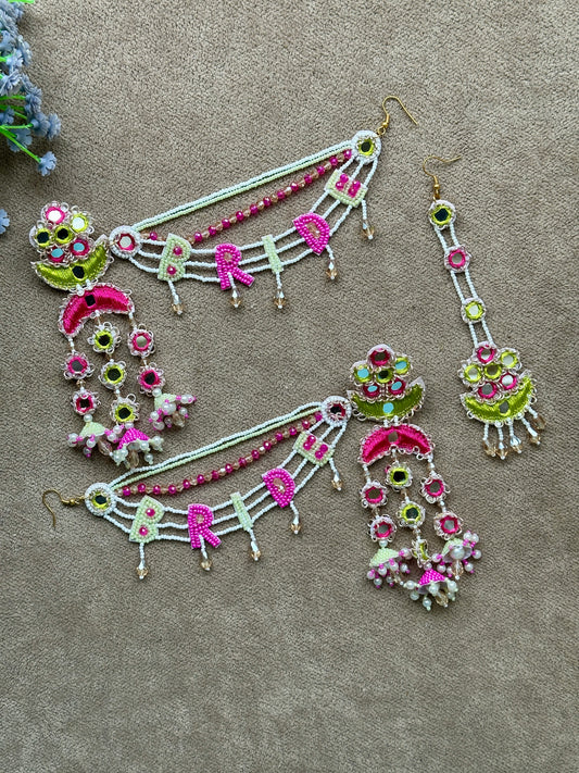 Bride Beaded Saankal Earring Tikka Set | White, Pink & Lime Green Mirror Work