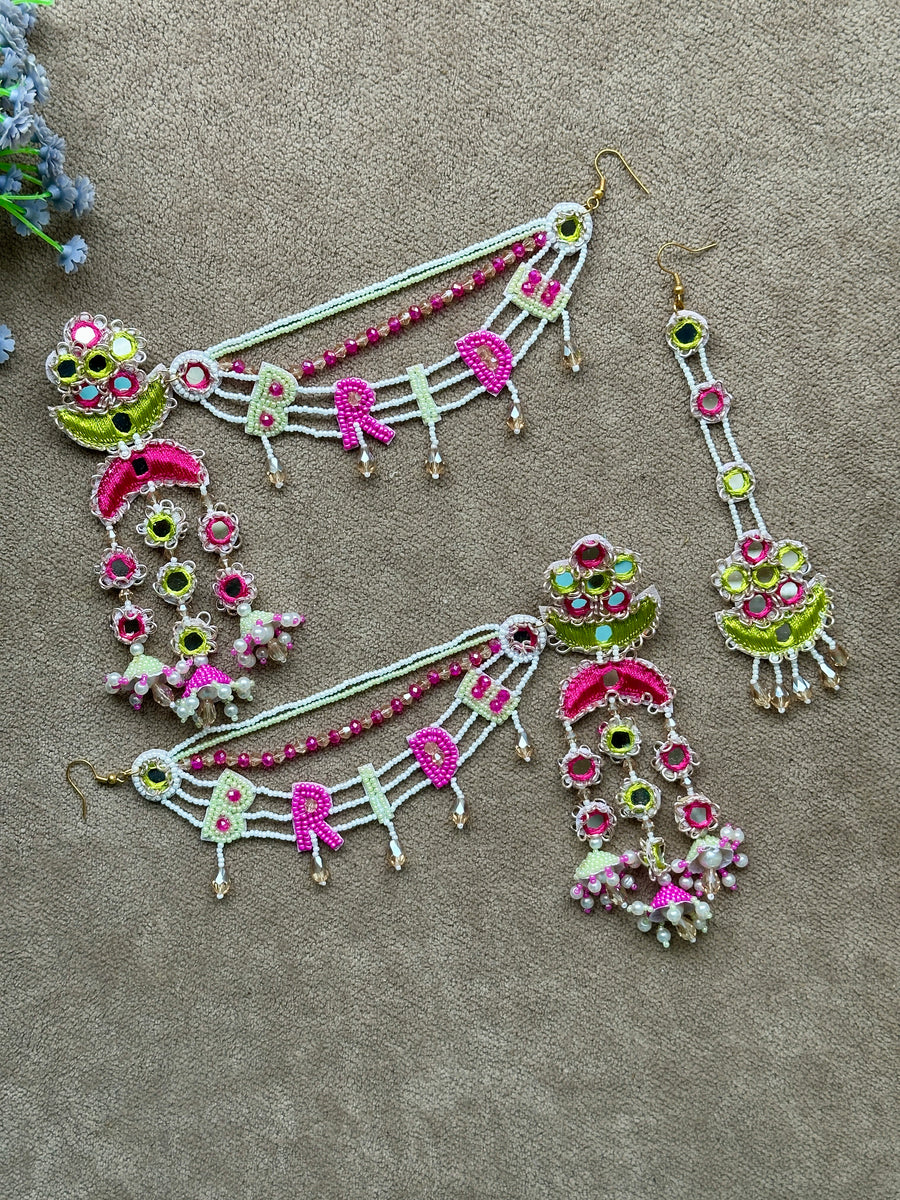 Bride Beaded Saankal Earring Tikka Set | White, Pink & Lime Green Mirror Work