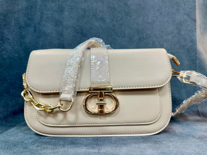 Cream Gold Turn-Lock Flap Crossbody Sling Bag with Chain Strap HB017
