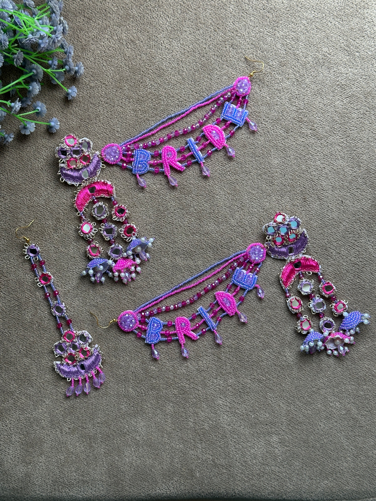 Bride Beaded Saankal Earring Tikka Set | Fuchsia & Periwinkle Mirror Work Chandelier Jhumki
