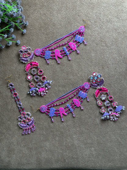 Bride Beaded Saankal Earring Tikka Set | Fuchsia & Periwinkle Mirror Work Chandelier Jhumki