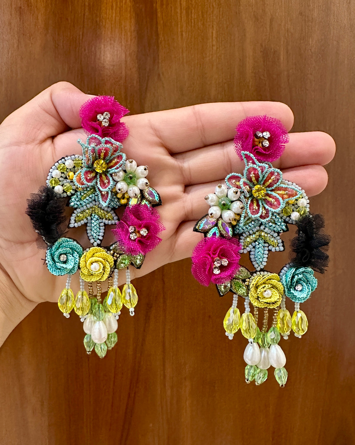 Multicolour Handmade Beaded Floral Statement Earrings