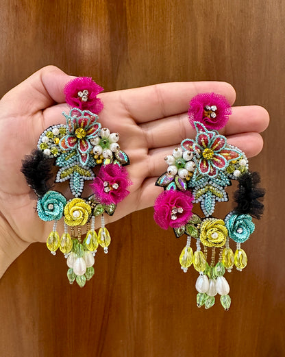 Multicolour Handmade Beaded Floral Statement Earrings