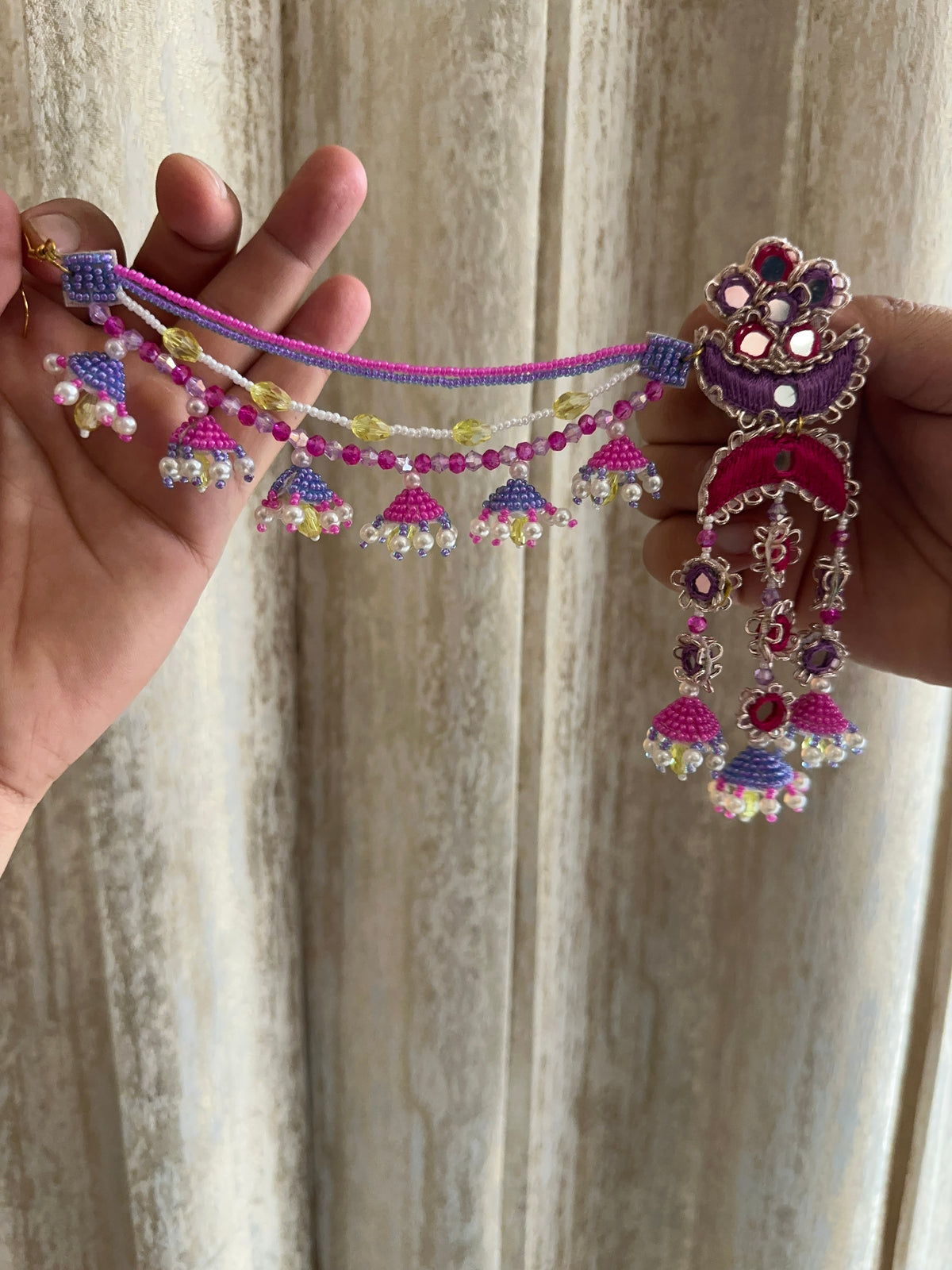 Purple & Pink Mirror Work Chandelier Jhumki Earring Tikka Set with Beaded Saankal