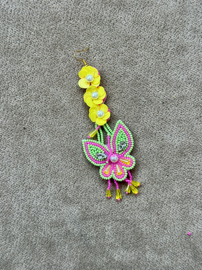 Dulhan Beaded Butterfly Earring & Tikka Set – Hot Pink & Lime Green