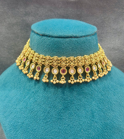 Gold Filigree Choker Necklace Set with Kundan & Ruby Stones NS00017