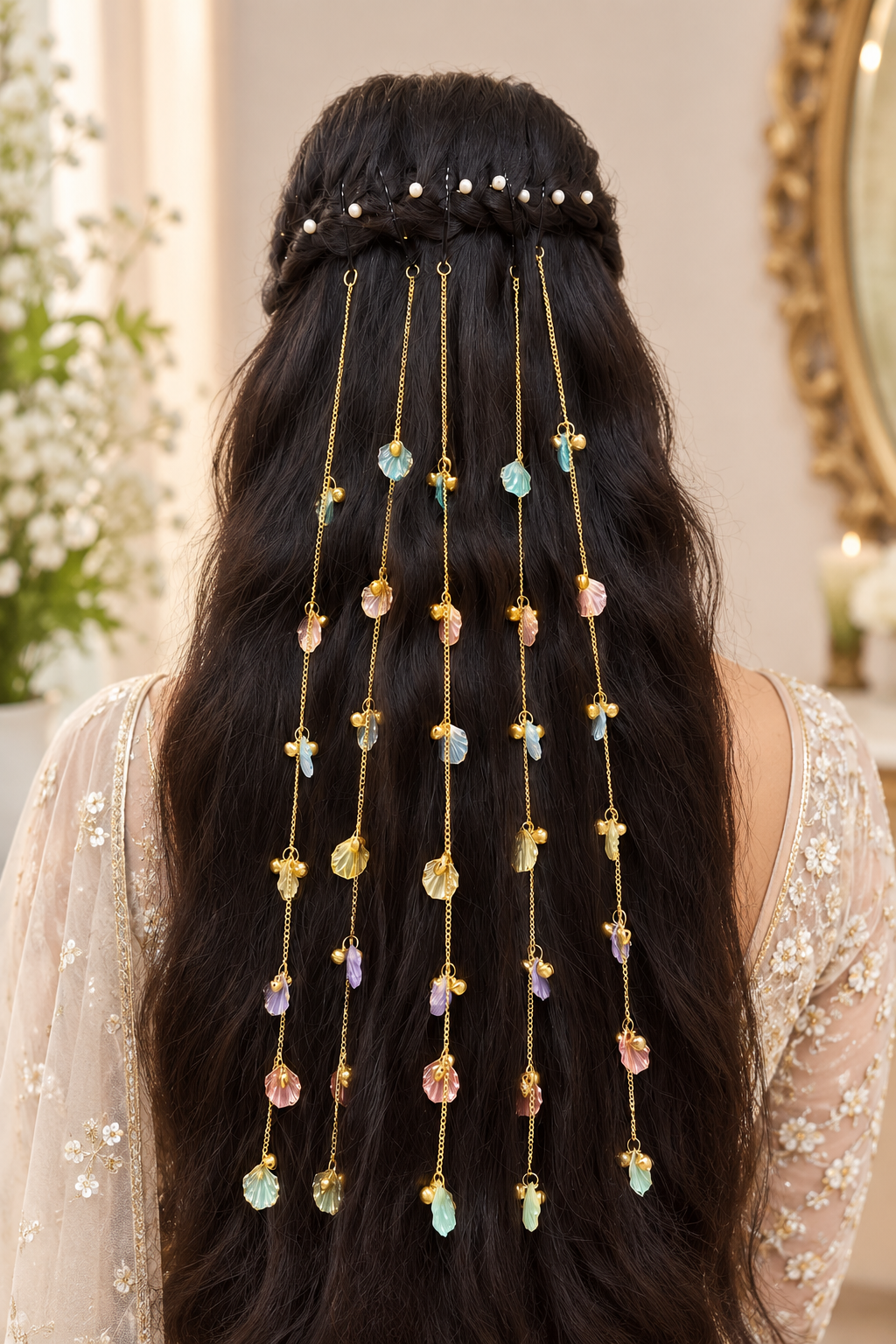 Pastel Petals Cascade Hair Chain | Bridal & Haldi Hair Accessory 5 Chains