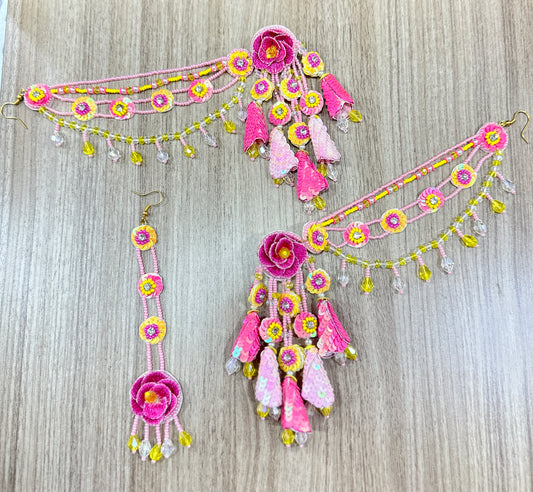 Beaded Handmade Jewellery Pink Yellow Earring Tikka Set