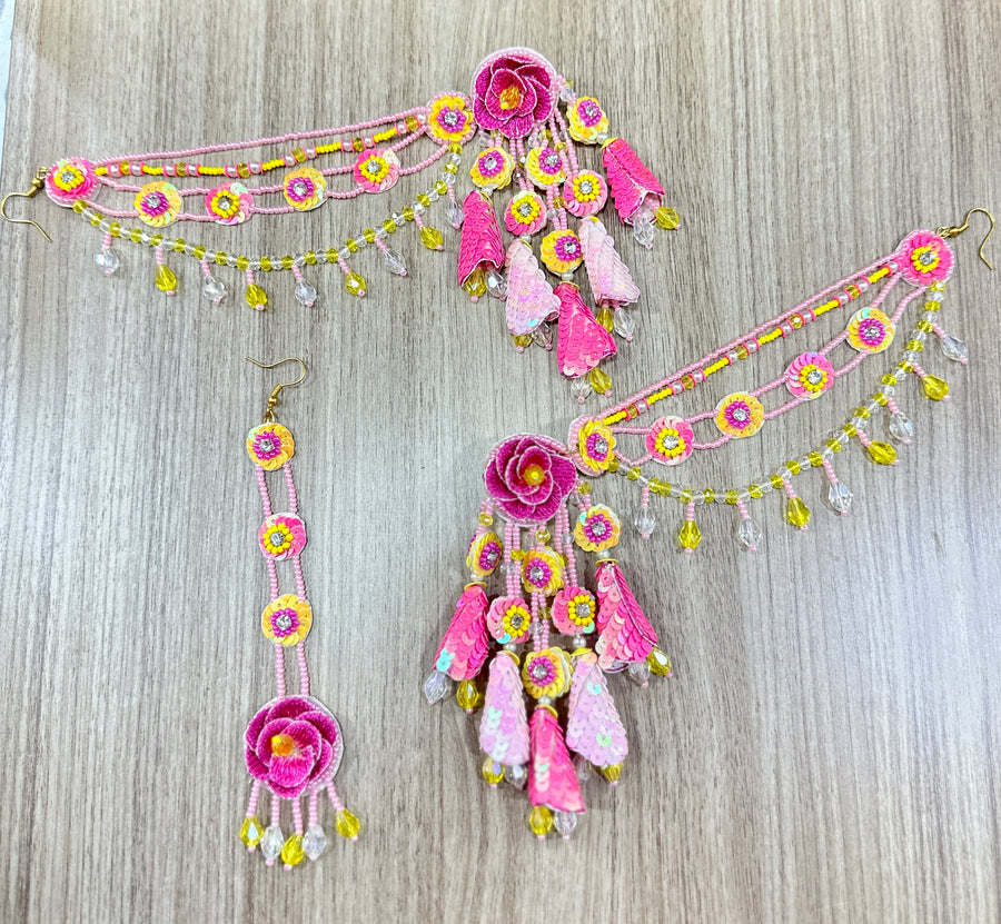 Beaded Handmade Jewellery Pink Yellow Earring Tikka Set