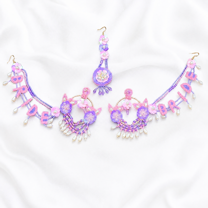 Bride Beaded Chandbali Earring Tikka Set – Pink & Lavender