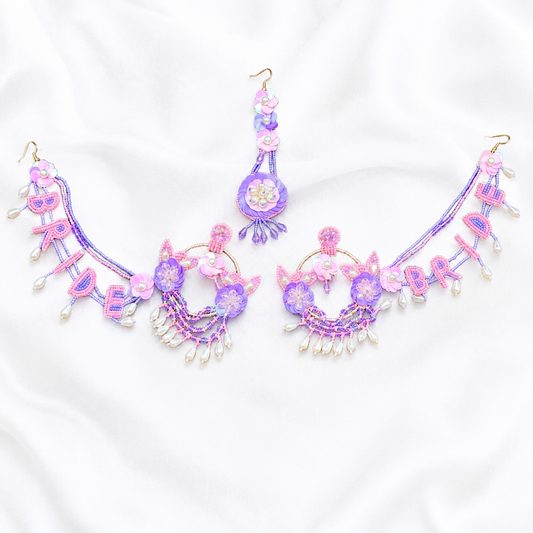 Bride Beaded Chandbali Earring Tikka Set – Pink & Lavender