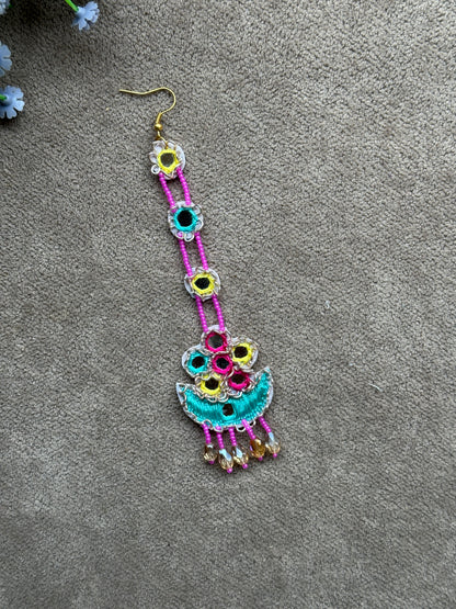 Multicolour Beaded Earring Tikka Set with Mirror Work & Mini Jhumki Chain