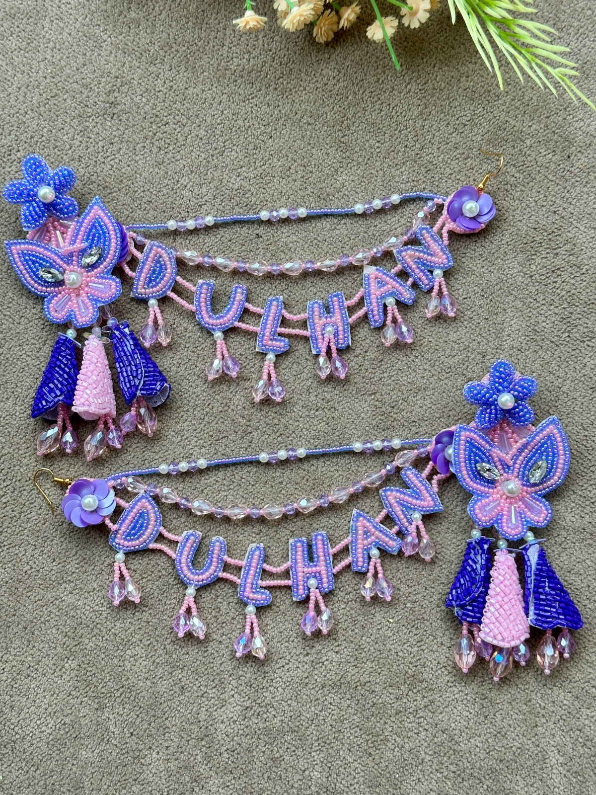 Dulhan Beaded Butterfly Earring & Tikka Set – Purple & Pink