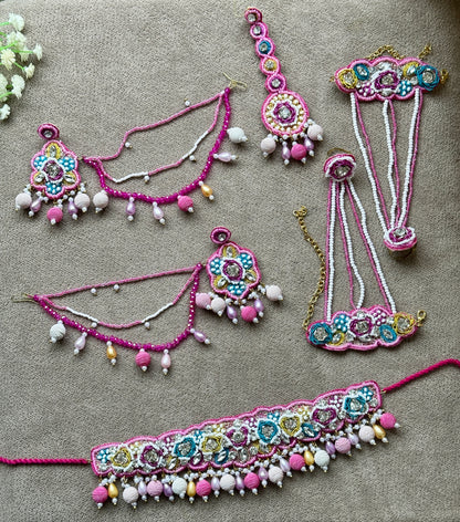 Fuchsia Pink Beaded Bridal Jewellery Set – Necklace, Earrings, Tikka & Hathphool