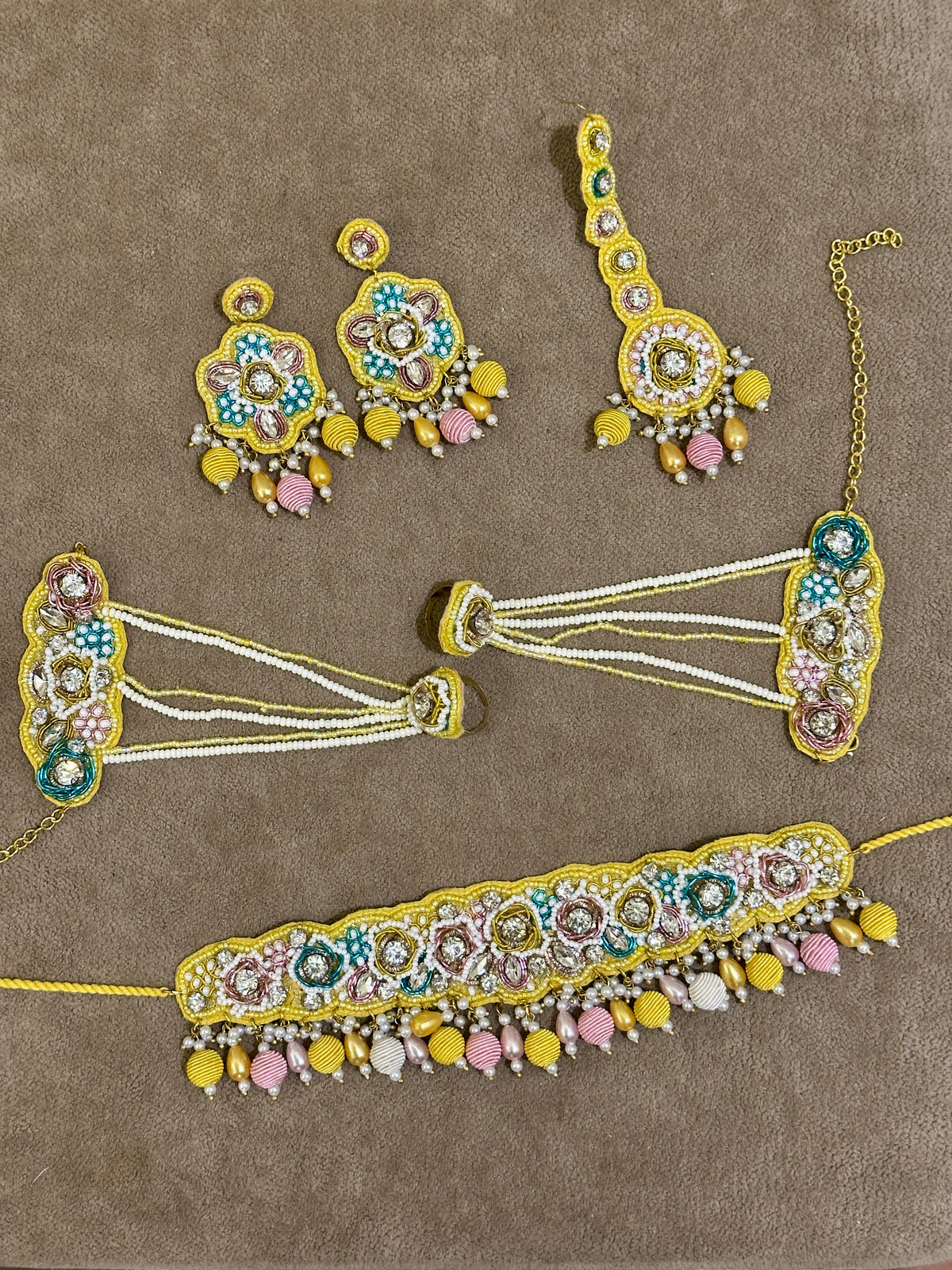 Lemon Yellow Soutache Bridal Jewellery Set – Necklace, Earrings, Tikka & Hathphool