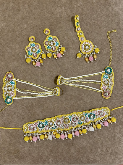Lemon Yellow Soutache Bridal Jewellery Set – Necklace, Earrings, Tikka & Hathphool