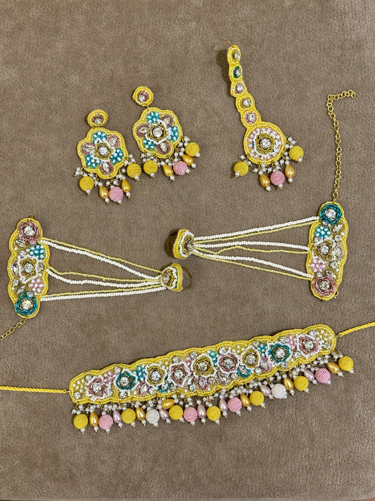 Lemon Yellow Soutache Bridal Jewellery Set – Necklace, Earrings, Tikka & Hathphool