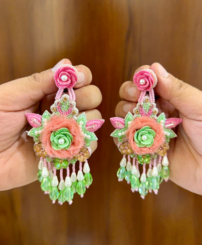 Peach & Green Floral Beaded Earrings with Pearl-Look Drops