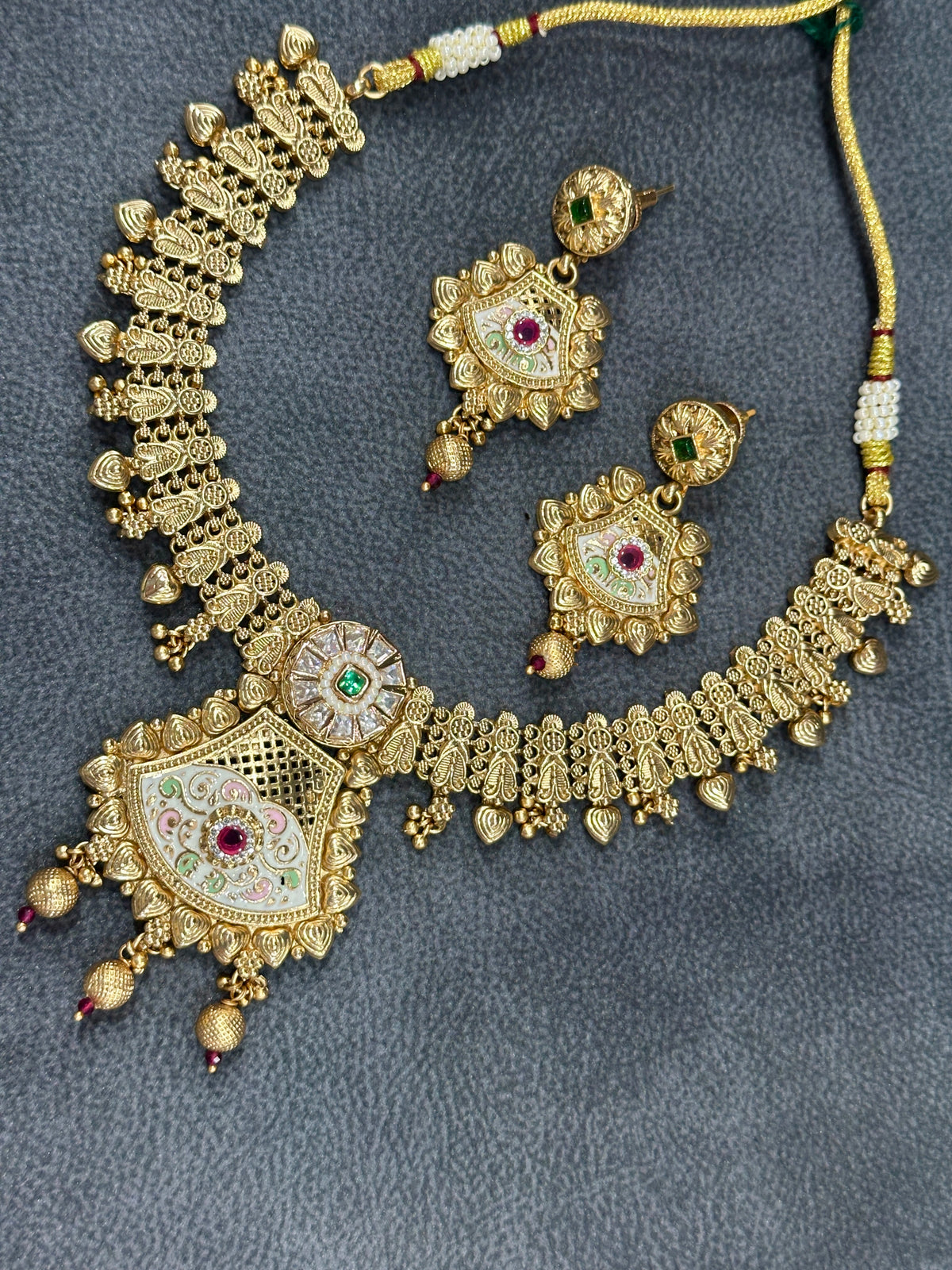 Antique Gold Temple Bridal Double Necklace Set with Haram & Drop Earrings NS00027