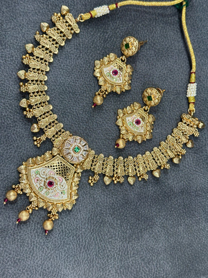 Antique Gold Temple Bridal Double Necklace Set with Haram & Drop Earrings NS00027