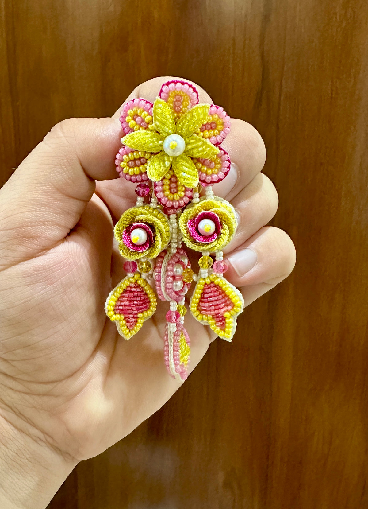 Yellow & Pink Handmade Beaded Floral Drop Earrings