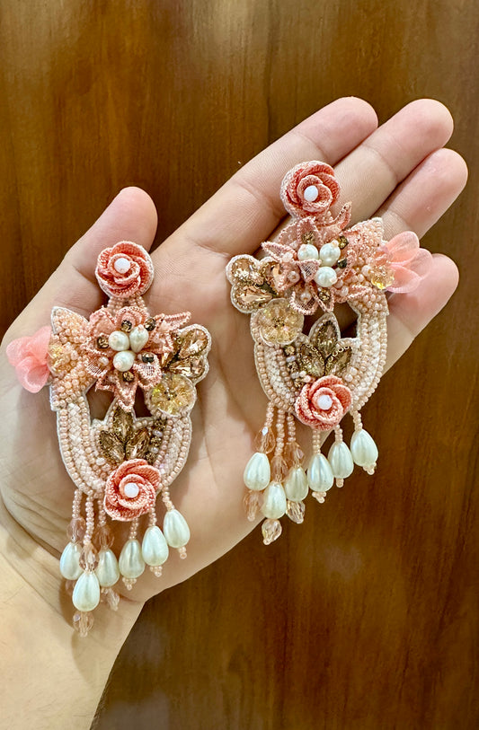 Peach Floral Handmade Beaded Earrings with Mint Drops