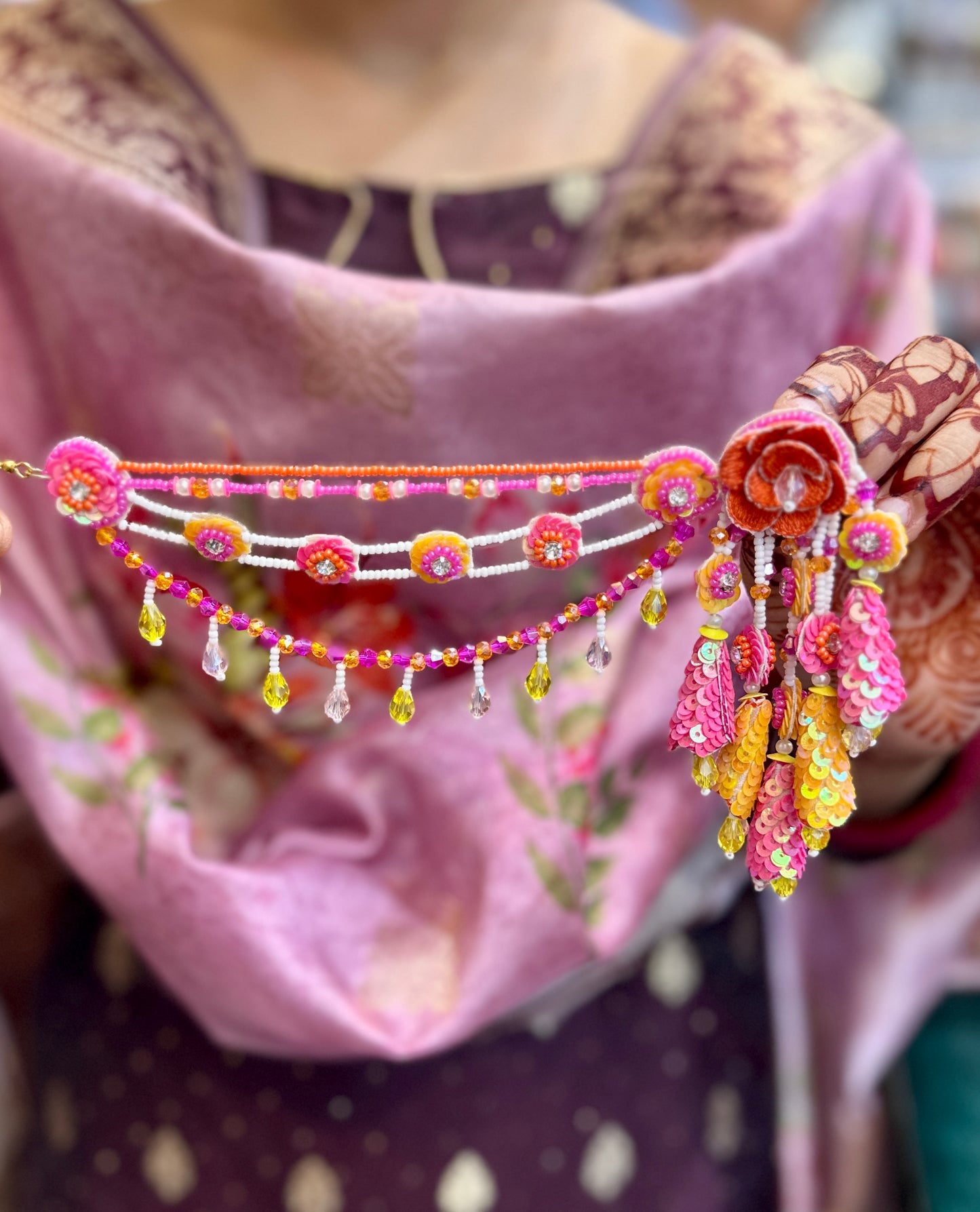Beaded Handmade Jewellery earing Tikka Set Color Pink Yellow Orange
