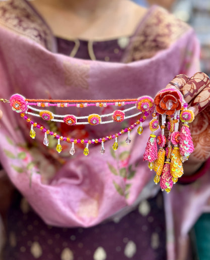 Beaded Handmade Jewellery earing Tikka Set Color Pink Yellow Orange