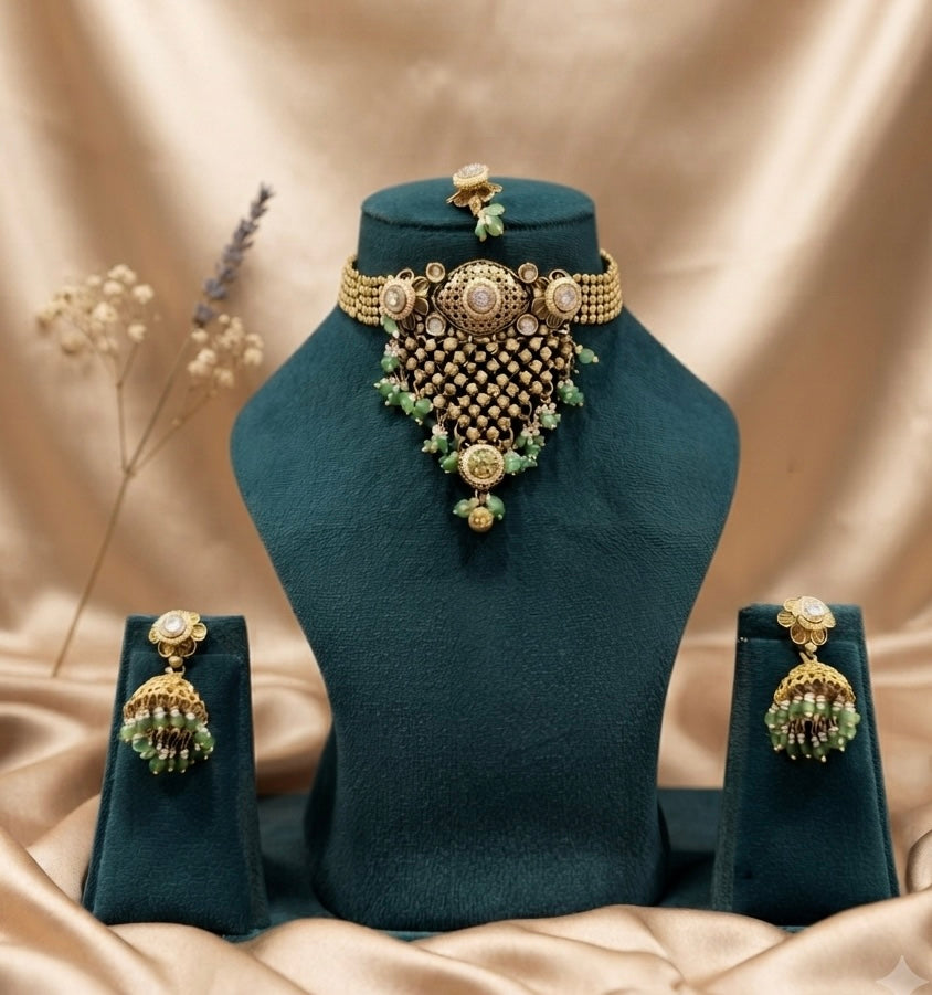 Kundan Pearl Choker Necklace Set with Mint Green Drops NS00020
