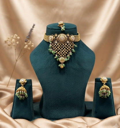 Kundan Pearl Choker Necklace Set with Mint Green Drops NS00020