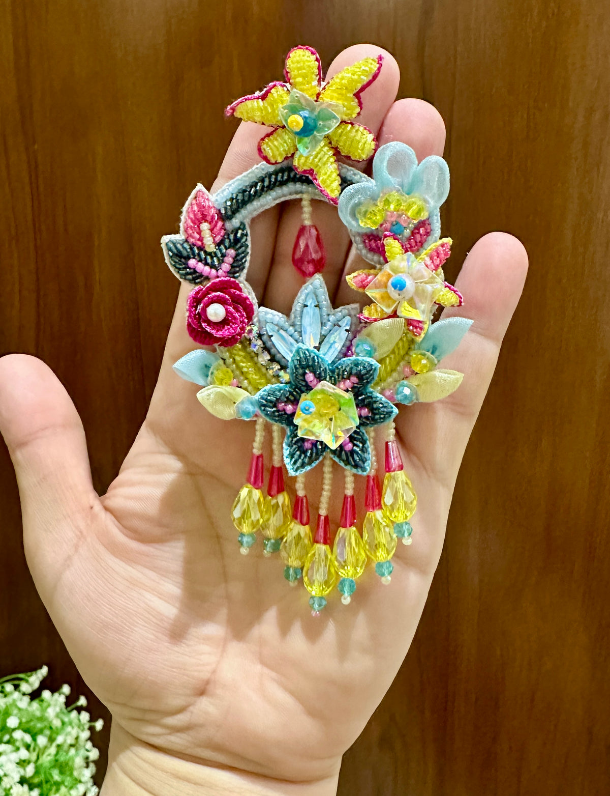 Multicolour Floral Beaded Statement Earrings with Yellow Drops